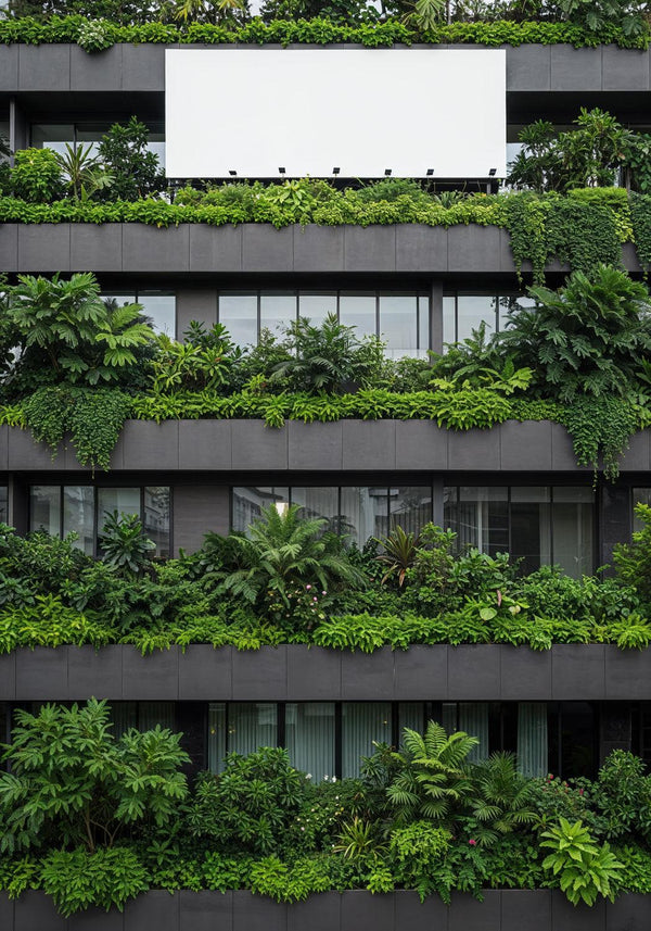 Modern building facade with lush vertical gardens JPG Mockup Image
