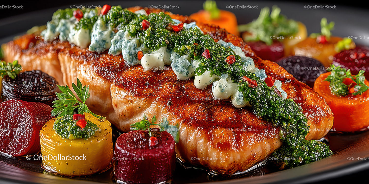 Colorful Seared Fish Fillet with Roasted Root Vegetables and Herb Garnish