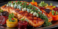 Colorful Seared Fish Fillet with Roasted Root Vegetables and Herb Garnish