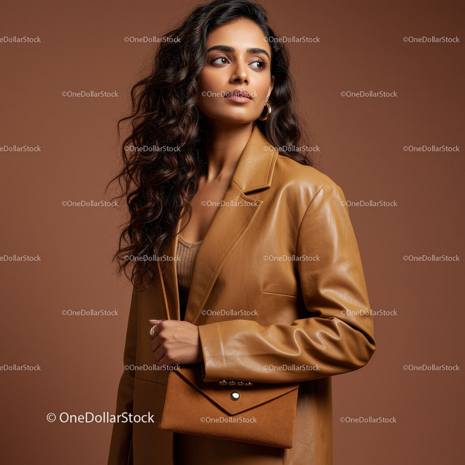 Elegant Woman with Curly Hair Wearing Leather Blazer and Accessories