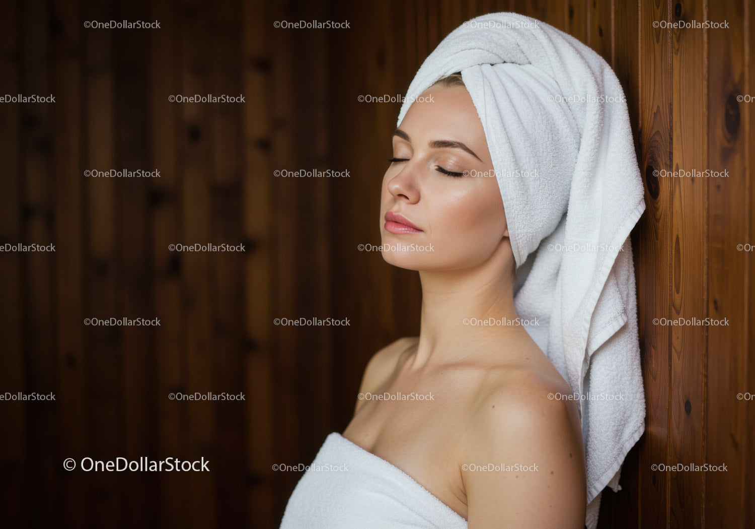 Zrelaksowana kobieta z ręcznikiem w spa przy drewnianej ścianie