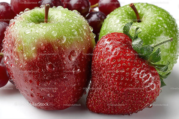 Fresh Strawberries, Green Apple and Red Grapes with Water Droplets