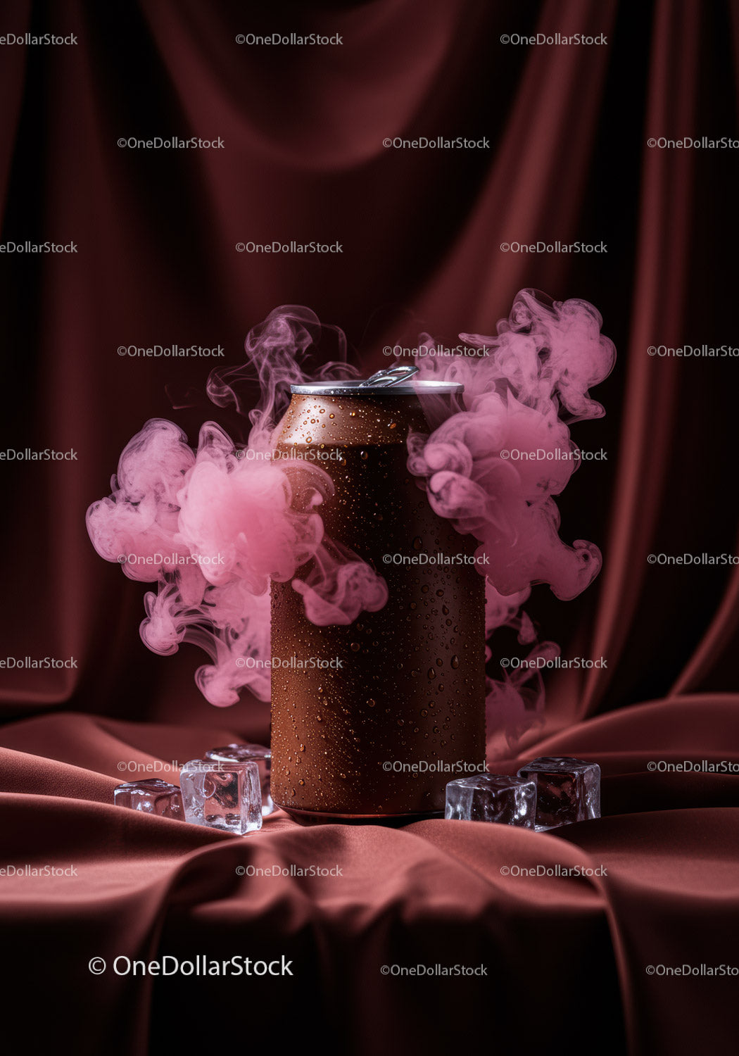 Chilled brown can surrounded by pink smoke and ice cubes