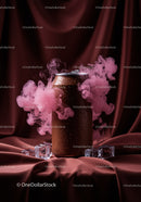 Chilled brown can surrounded by pink smoke and ice cubes