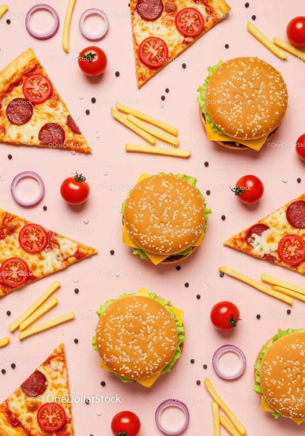Cheeseburgers pizza slices and fries on pink background