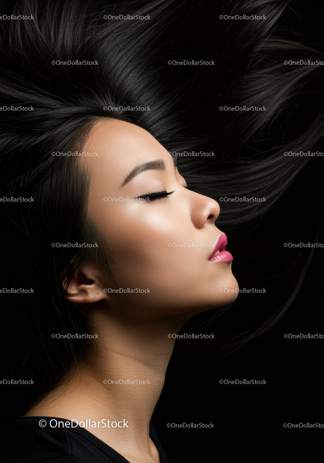 Serene Asian woman with flowing hair and closed eyes