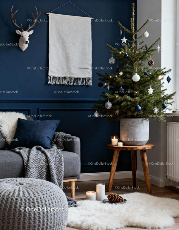 Cozy living room with modern Christmas tree and decor