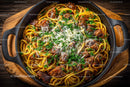 Hearty Beef Stew Pasta in a Cast Iron Skillet
