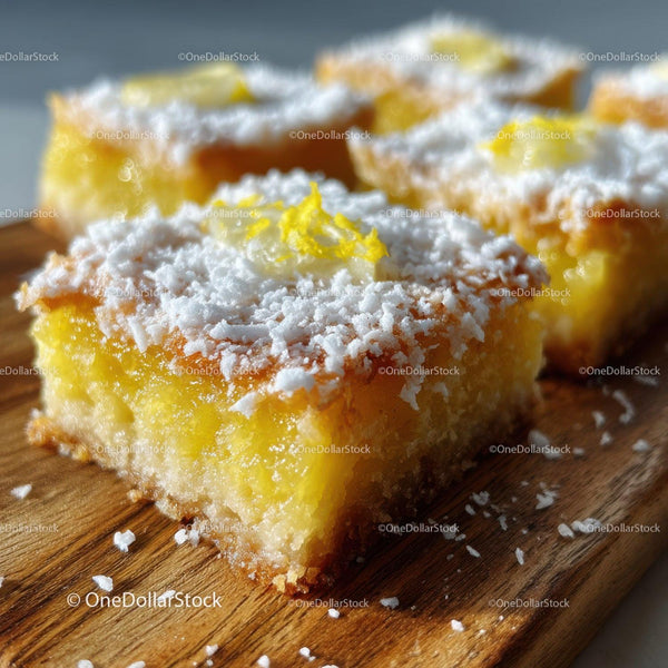 Lemon Bars with Coconut Topping on Wooden Surface