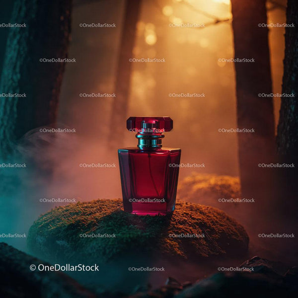 Red Glass Perfume Bottle in Forest Scene with Mystical Atmosphere JPG Mockup Image