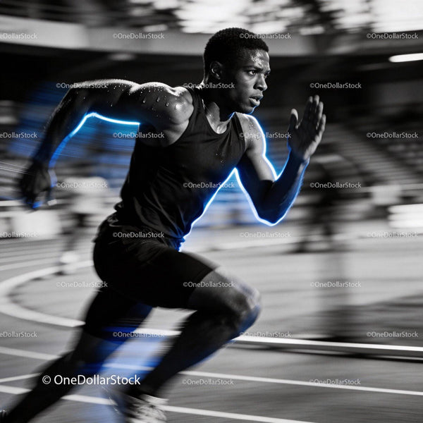 Focused male sprinter dashing on indoor track