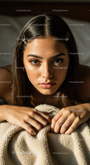 Portrait of a Young Woman with Brown Hair Relaxing on a Blanket