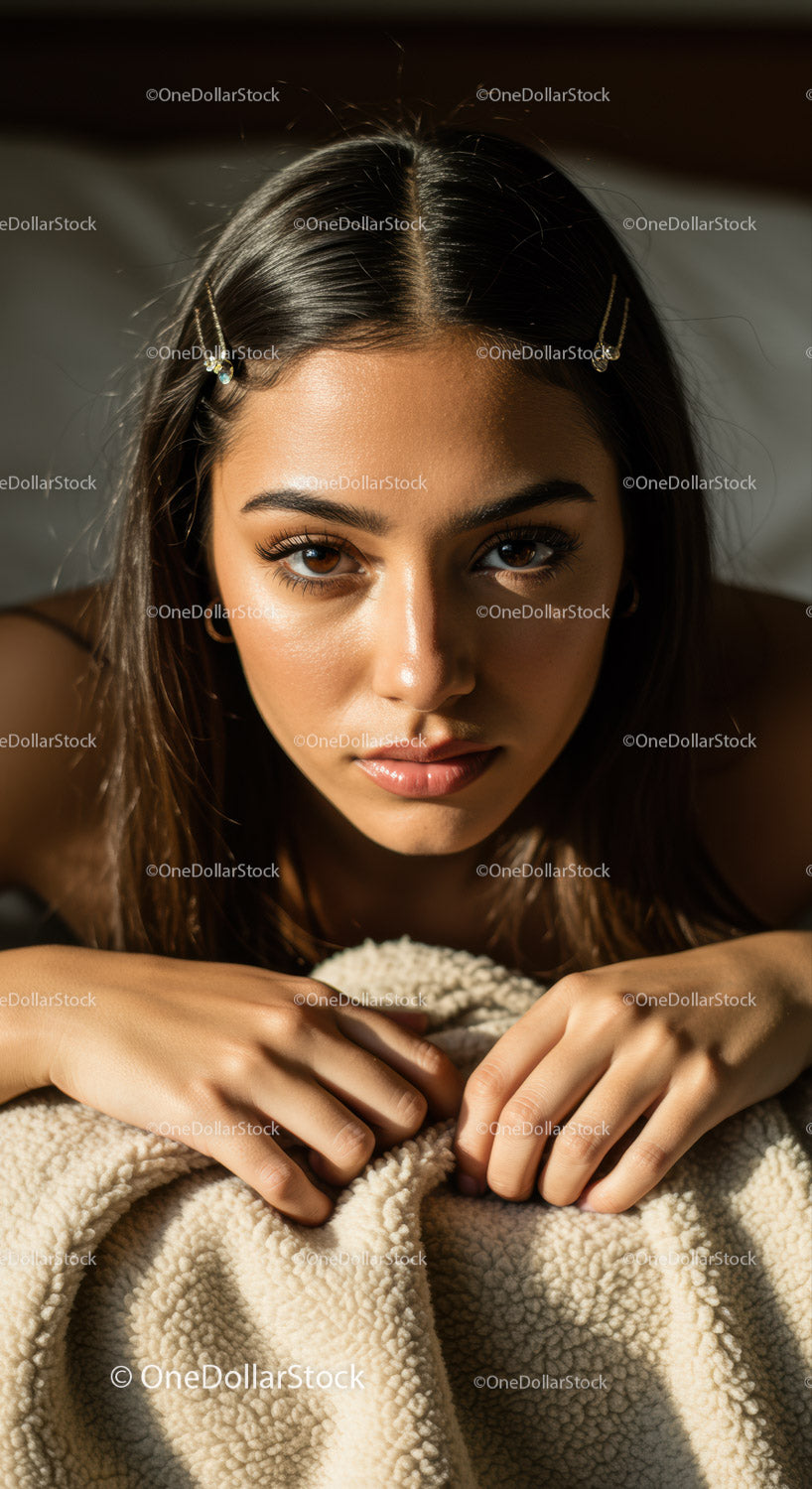 Portrait of a Young Woman with Brown Hair Relaxing on a Blanket