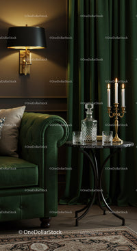 Cozy green leather sofa corner with candlelit table