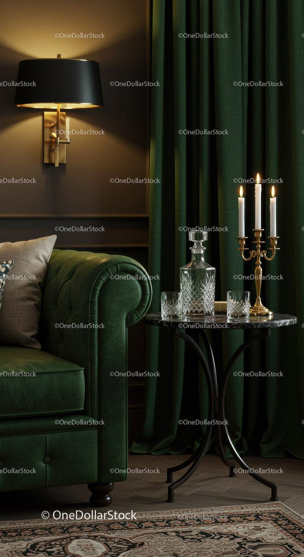 Cozy green leather sofa corner with candlelit table