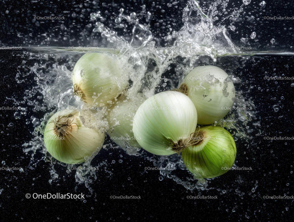 Fresh Green Onions Floating in Water with Splash Effect