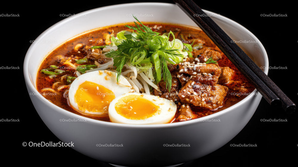 Spicy Ramen Soup with Eggs and Green Onions in White Bowl