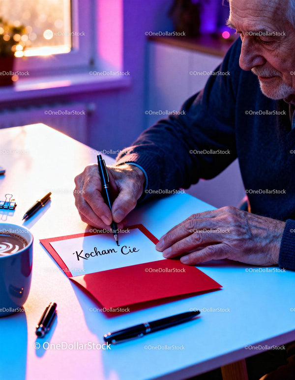 Elderly man writing heartfelt Valentine's Day card