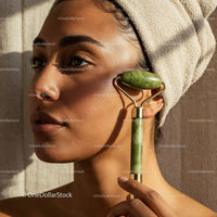 Young Woman with Jade Roller on a Sunlit Face for Skin Rejuvenation