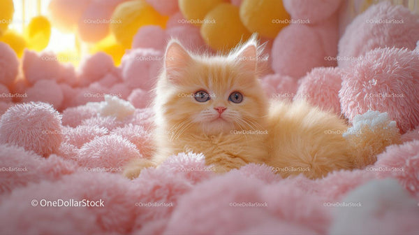 Fluffy Cream Kitten Resting Among Pink Plush