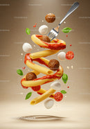 Spiral of Italian pasta with meatballs and fresh ingredients