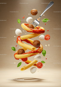 Spiral of Italian pasta with meatballs and fresh ingredients
