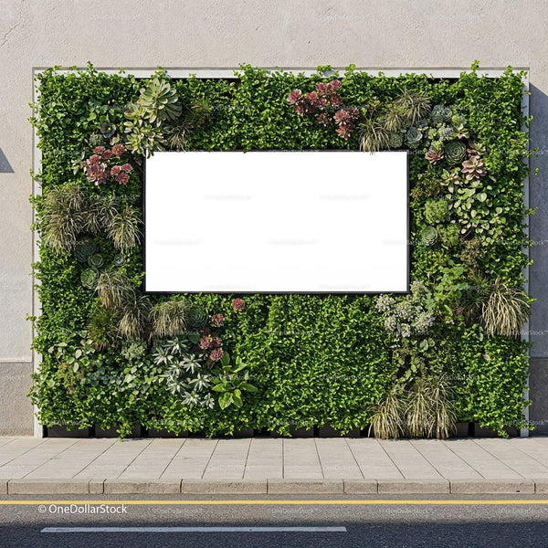 Urban vertical garden with blank advertising board JPG Mockup Image