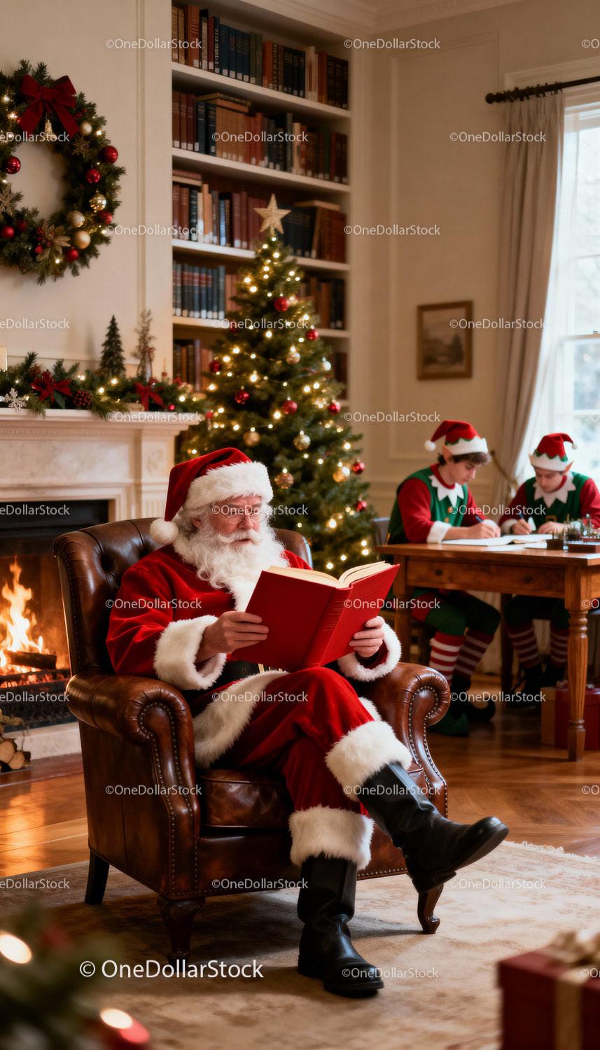 Santa Claus Reading Book by Fireplace on Christmas Eve