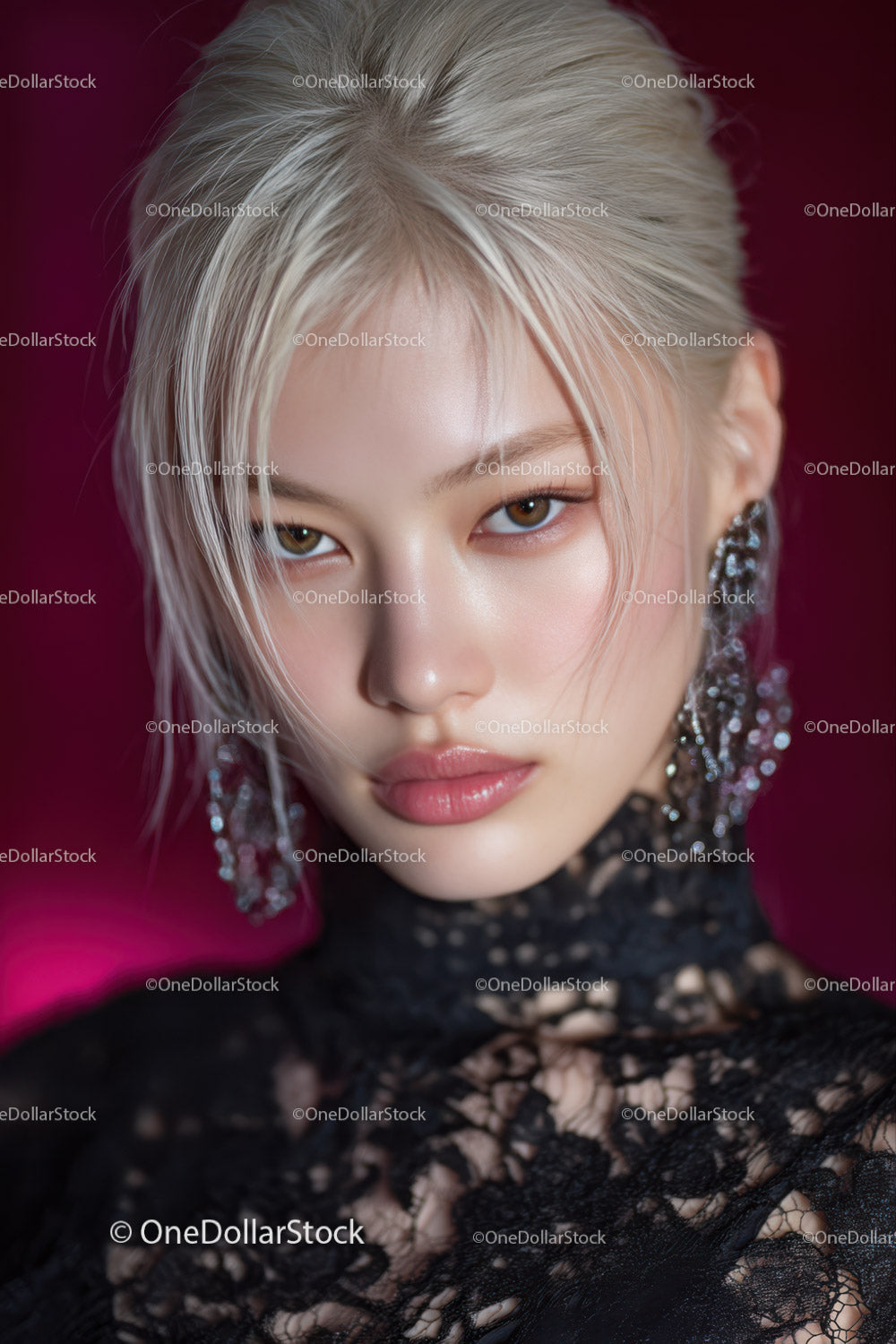 Elegant Young Woman with Platinum Blonde Hair in Black Lace Dress
