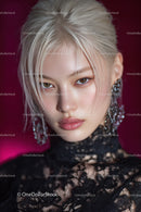 Elegant Young Woman with Platinum Blonde Hair in Black Lace Dress