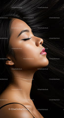 Profile of serene woman with flowing dark hair