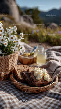 Outdoor Picnic with Fresh Baked Bread and Honey Jars in Sunlight