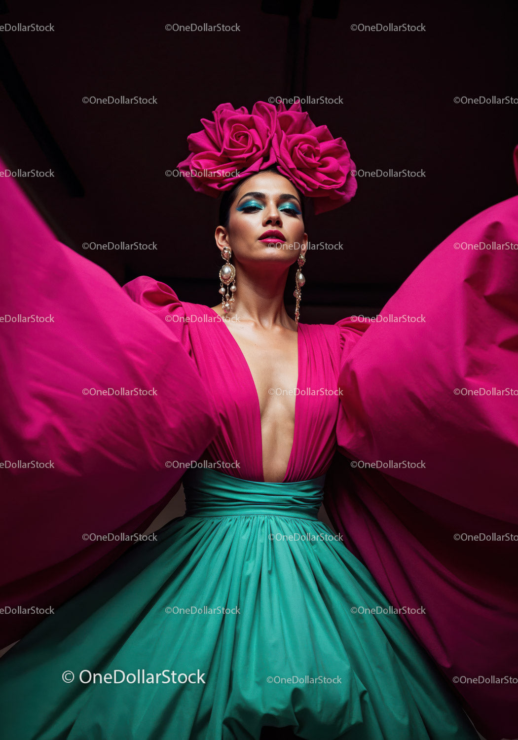 Fashion Model in Vibrant Pink and Yellow Flowing Gown