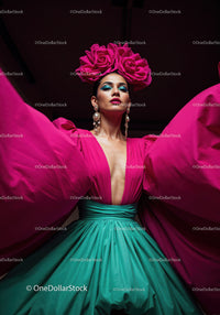 Fashion Model in Vibrant Pink and Yellow Flowing Gown