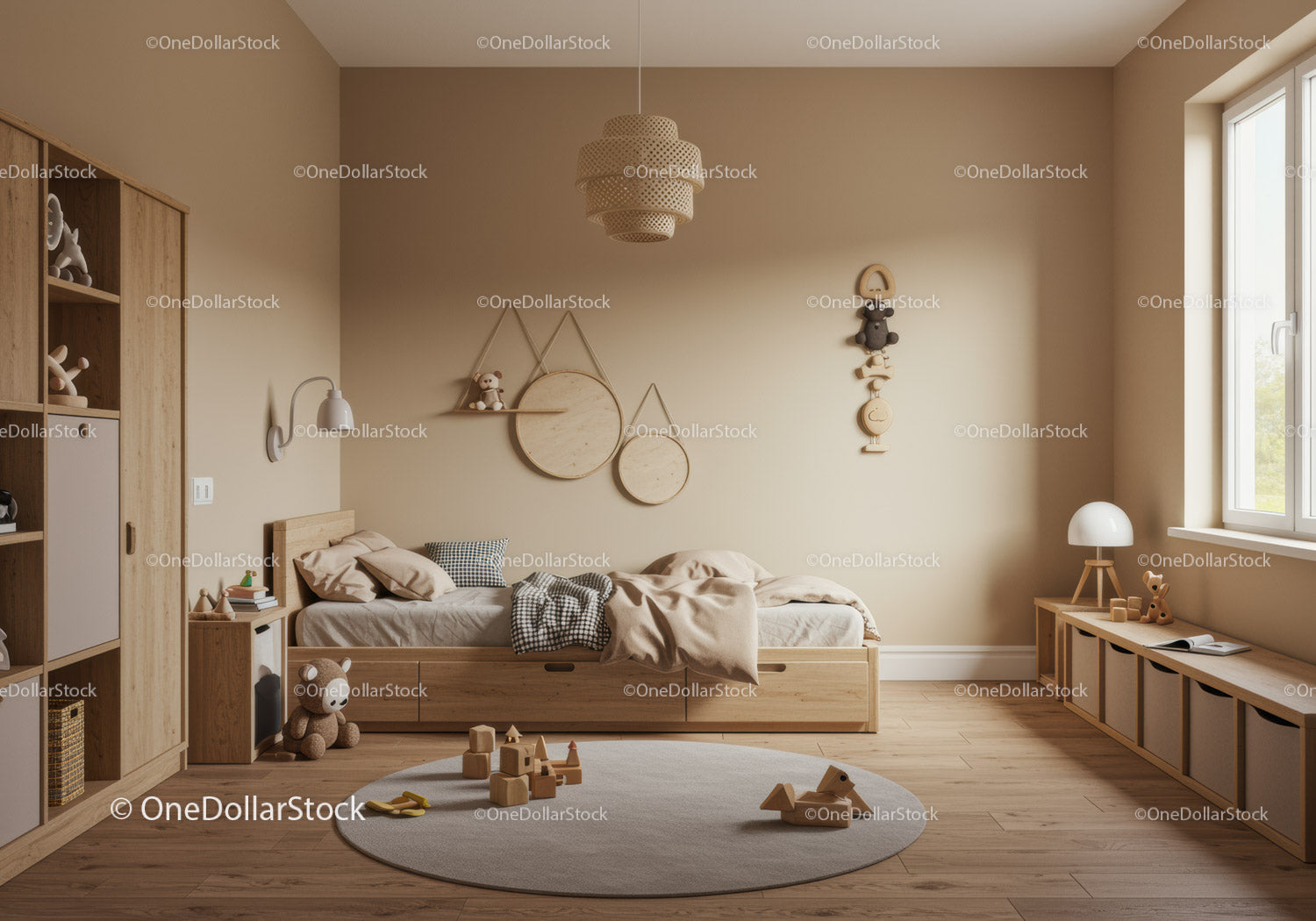 Cozy Kids Bedroom with Wooden Furniture and Playful Decor Scene