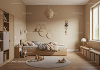 Cozy Kids Bedroom with Wooden Furniture and Playful Decor Scene