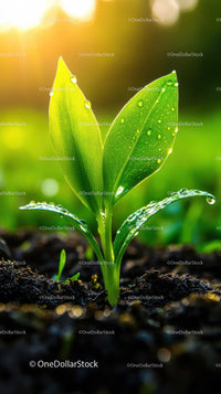Fresh Green Seedling with Dew Drops in Natural Soil Landscape