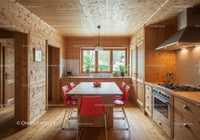 Cozy Wooden Kitchen with Red Chairs and Natural Light
