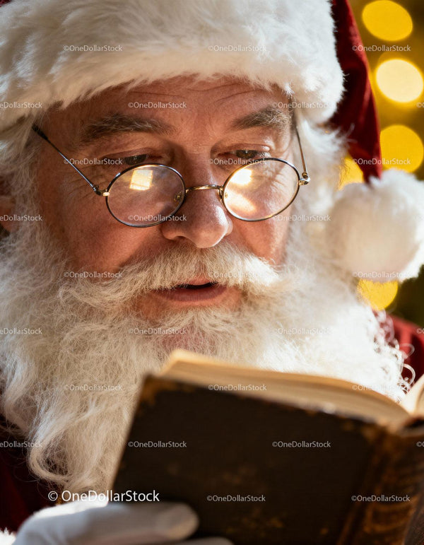 Santa Claus Reading a Book by Christmas Lights