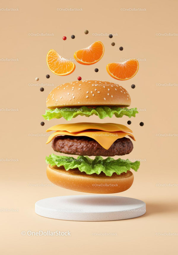 Floating cheeseburger with lettuce and mandarin slices