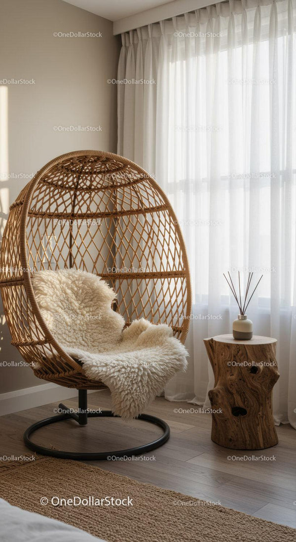Cozy rattan egg chair with soft wool throw in bright room