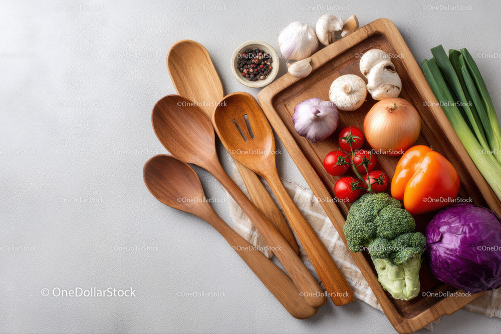 Assorted Fresh Vegetables and Wooden Utensils in the Kitchen