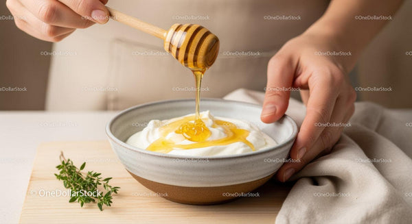Close-Up of Honey Dripping onto Creamy Yogurt with Thyme in Kitchen Scene