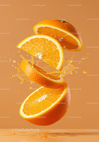 Fresh orange slices suspended with juice splashes
