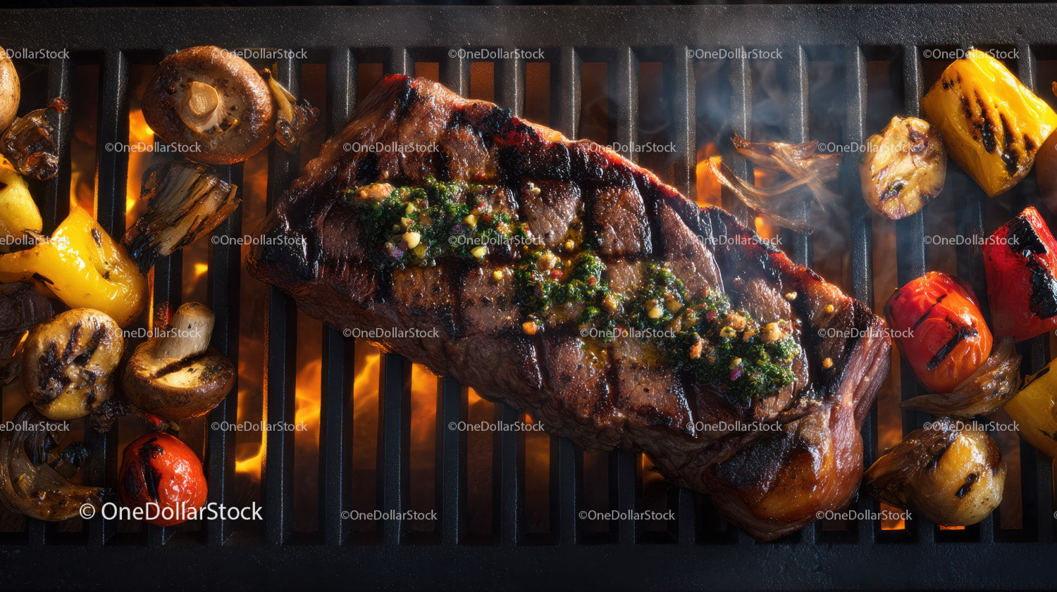 Soczysty grillowany stek z pieczonymi warzywami na grillu na świeżym powietrzu