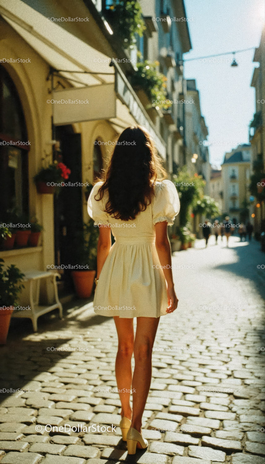 Elegant Woman Walking On Cobblestone Street In City Scene