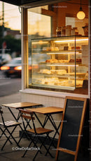 Cozy outdoor cafe with pastry display at sunset