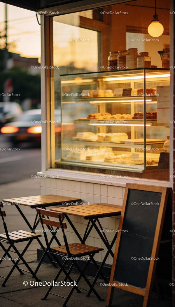 Cozy outdoor cafe with pastry display at sunset