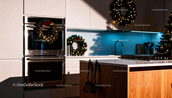 Modern Kitchen Decorated with Festive Christmas Wreaths
