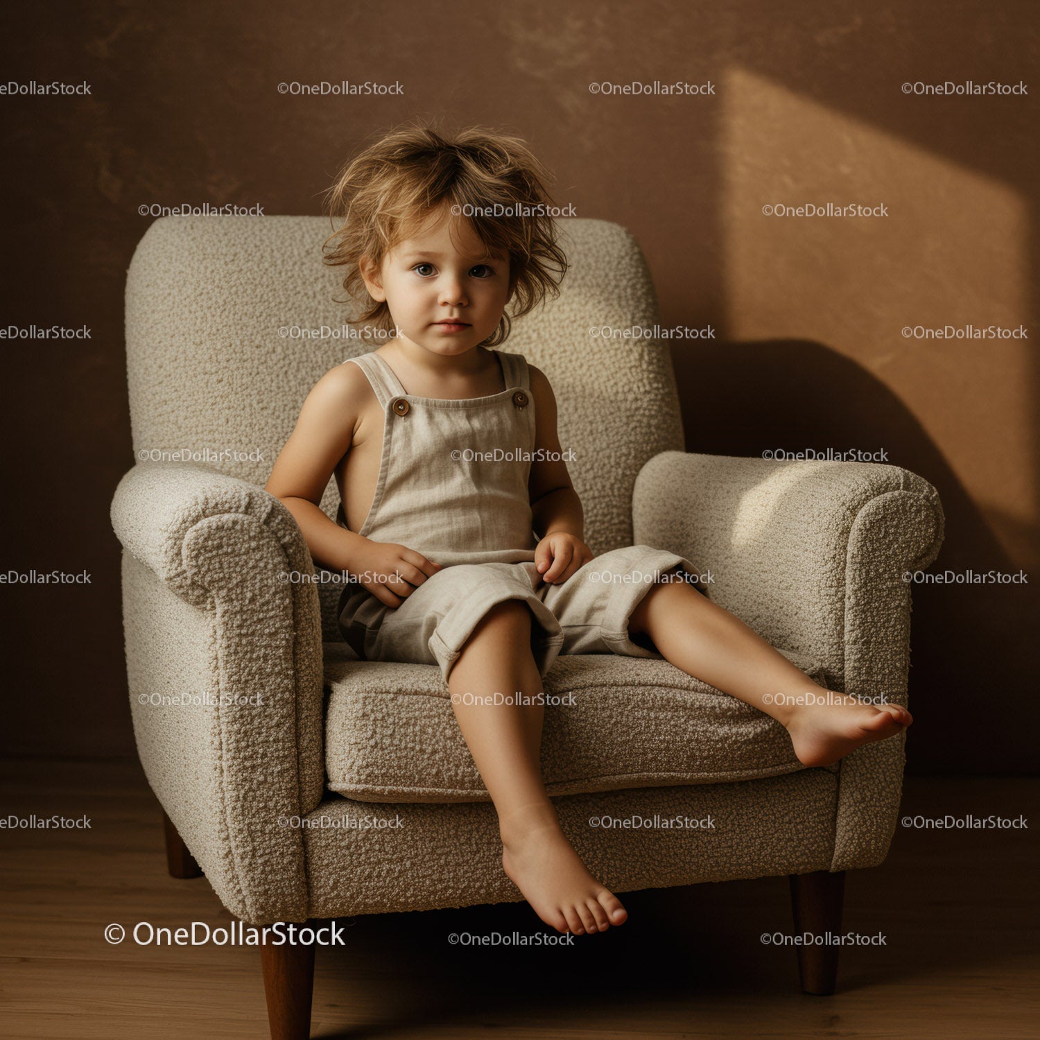 Toddler with tousled hair sitting on cozy armchair